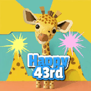 Happy Birthday Age 43 GIF, 43rd Birthday GIF: Cute giraffee birthday gif depicting a paper cutout bobbing giraffe head and birthday text you can customize with sparklers.