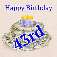 Happy Birthday Age 43 GIF, 43rd Birthday GIF: A beautiful animated birthday gif with a vintage style cake drawing and animated candle flames. Customize the name and text.