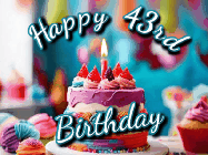 Happy Birthday Age 43 GIF, 43rd Birthday GIF: Animated Happy Birthday Gif reading Happy Birthday Customize. Depicts a colorful birthday with flickering candles and glitter.