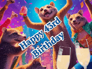 Happy Birthday Age 43 GIF, 43rd Birthday GIF: Happy Birthday GIF depicting a mongoose party with animated fireworks, sparkles and champagne. Reads Happy Birthday Name. Customize it.