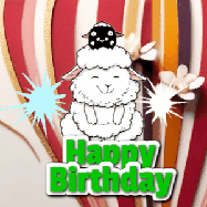 Happy Birthday Age 43 GIF, 43rd Birthday GIF: A cute lamb gif with a bouncing lamb with sparklers with text flashing Happy Birthday Name that can be customized.