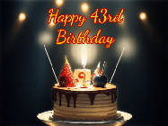 Happy Birthday Age 43 GIF, 43rd Birthday GIF: Animated birthday cake gif with sparklers on a dark background. Personalize up to 3 lines of text.