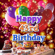 Happy Birthday Age 43 GIF, 43rd Birthday GIF: Animated happy birthday gif on a bright red glittery background and 3 lines of text reading Happy Birthday Customize