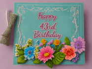 Happy Birthday Age 43 GIF, 43rd Birthday GIF: Animated Birthday GIF as a colorful birthday card reading Happy Birthday Name and flower petals floating past.