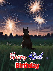 Happy Birthday Age 43 GIF, 43rd Birthday GIF: An animated gif at night showing the backside of a sitting cat who watches sparkle and fireworks over a meadow. Customize name and happy birthday.