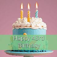Happy Birthday Age 43 GIF, 43rd Birthday GIF: Sparkles fly over a birthday cake that has 3 flickering candles, text in a colored band read Happy Birthday Name.