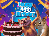 Happy Birthday Age 44 GIF, 44th Birthday GIF: A silly animated birthday gif, a chipmunk lights bady cake sparkler with laser beam eyes and starts a bright glitter party.