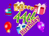 Happy Birthday Age 44 GIF, 44th Birthday GIF: Animated Birthday GIF with growing and shrinking background and sparklers and a customizable name that spins around.