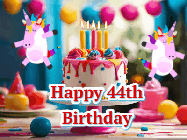 Happy Birthday Age 44 GIF, 44th Birthday GIF: Animated Happy Birthday GIF with a beautiful birthday cake being lit up by two unicorns. There are 3 lines of text to customize.
