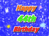 Happy Birthday Age 44 GIF, 44th Birthday GIF: A glitter birthday gif with a blue glitter background and animated text reading Happy Birthday Name