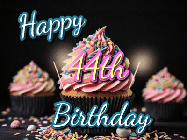 Happy Birthday Age 44 GIF, 44th Birthday GIF: A delicious cupcake gif with animated sparkles reading Happy Birthday with a name to customize