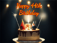 Happy Birthday Age 44 GIF, 44th Birthday GIF: Animated birthday cake gif with sparklers on a dark background. Personalize up to 3 lines of text.