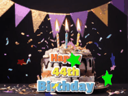 Happy Birthday Age 44 GIF, 44th Birthday GIF: Happy birthday cake animated gif with flickering candles, animated text, and falling confetti. Customize text reading Happy Birthday Customize.