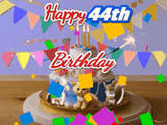 Happy Birthday Age 44 GIF, 44th Birthday GIF: Happy Birthday Cake GIF with a cat, lamb, and squirrel on the cake with flickering candles, a sparkler, and falling confetti. Reads Happy Birthday Name and you can customize the name