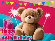 Happy Birthday Age 44 GIF, 44th Birthday GIF: A cute birthday teddy bear animated birthday gif with the bear holding sparklers and text to customize.