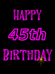 Happy Birthday Age 45 GIF, 45th Birthday GIF: Retro happy birthday GIF with 2 lines of text you can customize on a black background with animated twinkles.
