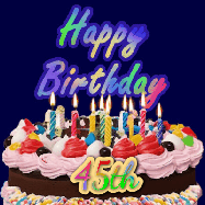 Happy Birthday Age 45 GIF, 45th Birthday GIF: A dark blue birthday gif with a beautiful cake with flickering candles, background sparkles and a name to customize.