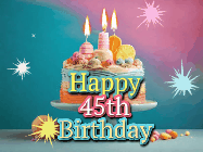 Happy Birthday Age 45 GIF, 45th Birthday GIF: A colorful animated Happy Birthday Cake GIF with swirling sparkles and flickering candles. It reads Happy Birthday Name