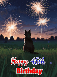 Happy Birthday Age 45 GIF, 45th Birthday GIF: An animated gif at night showing the backside of a sitting cat who watches sparkle and fireworks over a meadow. Customize name and happy birthday.
