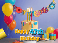 Happy Birthday Age 47 GIF, 47th Birthday GIF: Happy birthday cake animated gif with flickering candles, balloons, confetti, and text to customize.