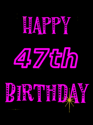 Happy Birthday Age 47 GIF, 47th Birthday GIF: Retro happy birthday GIF with 2 lines of text you can customize on a black background with animated twinkles.