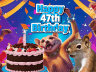 Happy Birthday Age 47 GIF, 47th Birthday GIF: A silly animated birthday gif, a chipmunk lights bady cake sparkler with laser beam eyes and starts a bright glitter party.