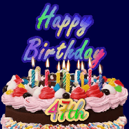 Happy Birthday Age 47 GIF, 47th Birthday GIF: A dark blue birthday gif with a beautiful cake with flickering candles, background sparkles and a name to customize.