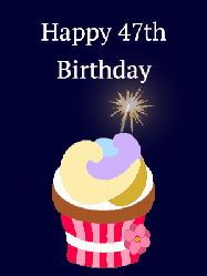 Happy Birthday Age 47 GIF, 47th Birthday GIF: A cute birthday cupcake gif with an animated sparkler and 2 lines of text to customize for a special birthday.