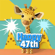 Happy Birthday Age 47 GIF, 47th Birthday GIF: Cute giraffee birthday gif depicting a paper cutout bobbing giraffe head and birthday text you can customize with sparklers.