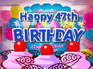 Happy Birthday Age 47 GIF, 47th Birthday GIF: Birthday animated gif with sparklers on text name you can customize. Brightly colored with a close up cake cherries.