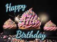 Happy Birthday Age 47 GIF, 47th Birthday GIF: A delicious cupcake gif with animated sparkles reading Happy Birthday with a name to customize