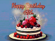Happy Birthday Age 47 GIF, 47th Birthday GIF: Animated GIF of a birthday cake covered in berries with 2 sparklers and a candle, reads Happy Birthday Name. Customize it.