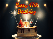 Happy Birthday Age 47 GIF, 47th Birthday GIF: Animated birthday cake gif with sparklers on a dark background. Personalize up to 3 lines of text.