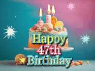 Happy Birthday Age 47 GIF, 47th Birthday GIF: A colorful animated Happy Birthday Cake GIF with swirling sparkles and flickering candles. It reads Happy Birthday Name