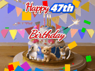 Happy Birthday Age 47 GIF, 47th Birthday GIF: Happy Birthday Cake GIF with a cat, lamb, and squirrel on the cake with flickering candles, a sparkler, and falling confetti. Reads Happy Birthday Name and you can customize the name