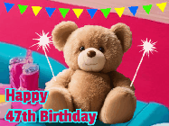 Happy Birthday Age 47 GIF, 47th Birthday GIF: A cute birthday teddy bear animated birthday gif with the bear holding sparklers and text to customize.