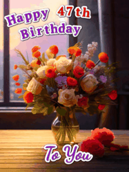 Happy Birthday Age 47 GIF, 47th Birthday GIF: A vase of flowers and animated hearts pop in and out as the words Happy Birthday Name appears that you can customize