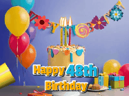 Happy Birthday Age 48 GIF, 48th Birthday GIF: Happy birthday cake animated gif with flickering candles, balloons, confetti, and text to customize.