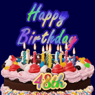 Happy Birthday Age 48 GIF, 48th Birthday GIF: A dark blue birthday gif with a beautiful cake with flickering candles, background sparkles and a name to customize.