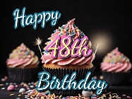 Happy Birthday Age 48 GIF, 48th Birthday GIF: A delicious cupcake gif with animated sparkles reading Happy Birthday with a name to customize