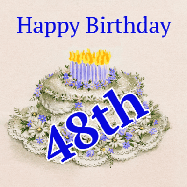 Happy Birthday Age 48 GIF, 48th Birthday GIF: A beautiful animated birthday gif with a vintage style cake drawing and animated candle flames. Customize the name and text.