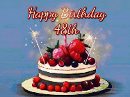 Happy Birthday Age 48 GIF, 48th Birthday GIF: Animated GIF of a birthday cake covered in berries with 2 sparklers and a candle, reads Happy Birthday Name. Customize it.