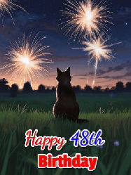 Happy Birthday Age 48 GIF, 48th Birthday GIF: An animated gif at night showing the backside of a sitting cat who watches sparkle and fireworks over a meadow. Customize name and happy birthday.