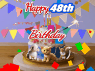 Happy Birthday Age 48 GIF, 48th Birthday GIF: Happy Birthday Cake GIF with a cat, lamb, and squirrel on the cake with flickering candles, a sparkler, and falling confetti. Reads Happy Birthday Name and you can customize the name