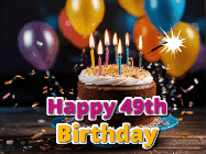 Happy Birthday Age 49 GIF, 49th Birthday GIF: A birthday cake with flickering candles gif with text reading Happy Birthday and a Name slot to customize