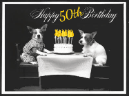 Happy Birthday Age 50 GIF, 50th Birthday GIF: Vintage animated birthday card gif with name, flickering candles, birthday cake, and 2 dogs sitting at the table.