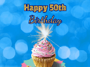 Happy Birthday Age 50 GIF, 50th Birthday GIF: Animated gif happy birthday cupcake with sparkler and customizable glittering text