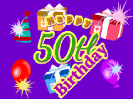 Happy Birthday Age 50 GIF, 50th Birthday GIF: Animated Birthday GIF with growing and shrinking background and sparklers and a customizable name that spins around.