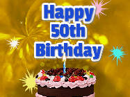 Happy Birthday Age 50 GIF, 50th Birthday GIF: A glitter and sparkle happy birthday gif with swelling sparkles, a birthday cake, and 3 lines of text to customize