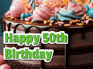 Happy Birthday Age 50 GIF, 50th Birthday GIF: A beautiful and elegant birthday cake gif with pink text to customize and animated flowers.